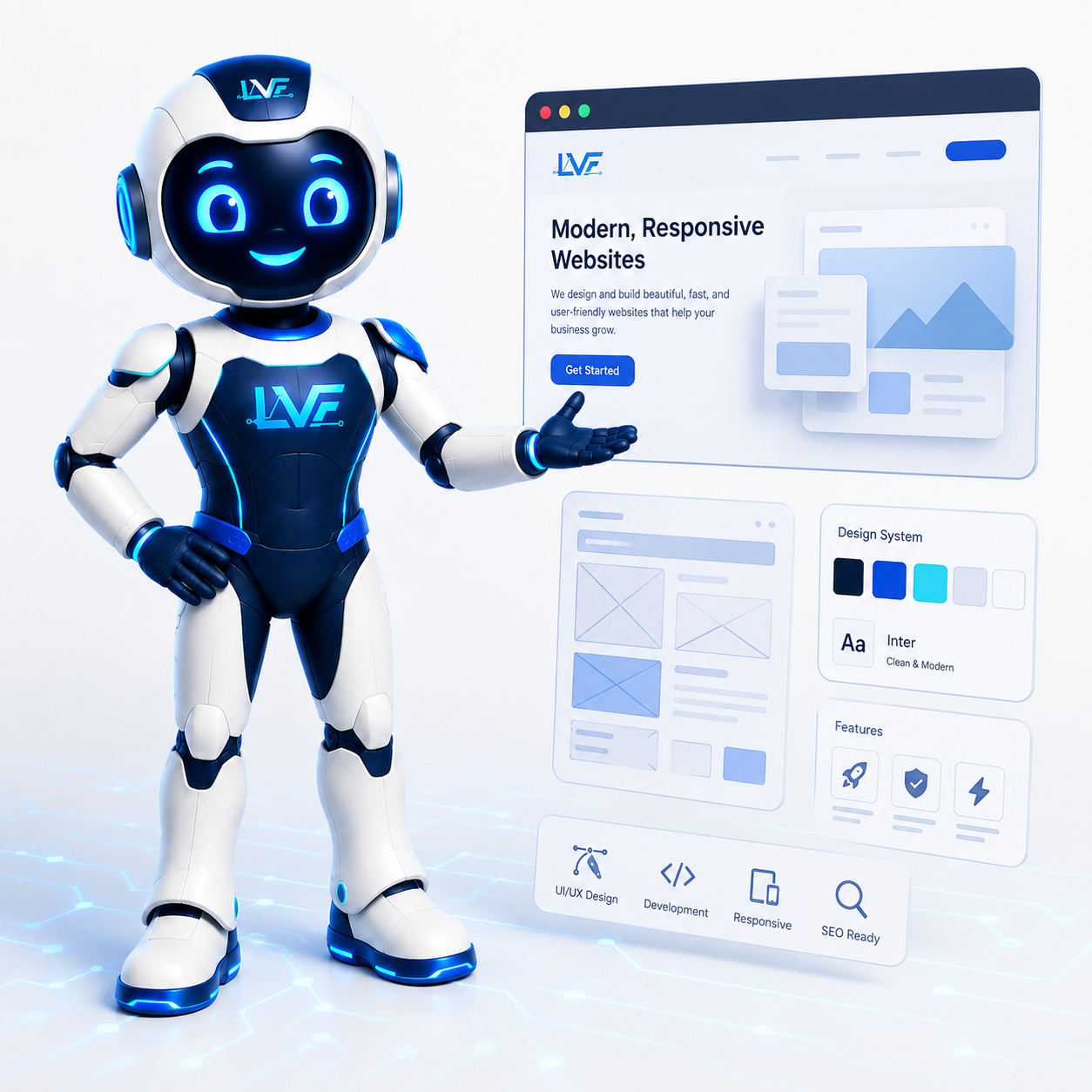 Mascota LVF presentando una página web profesional