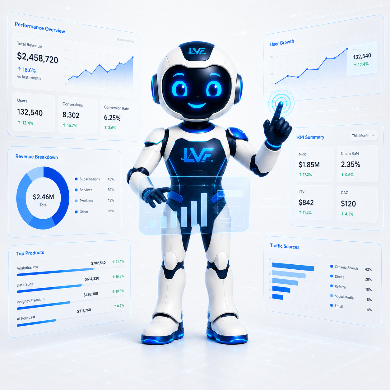 Mascota LVF mostrando un dashboard de análisis de datos