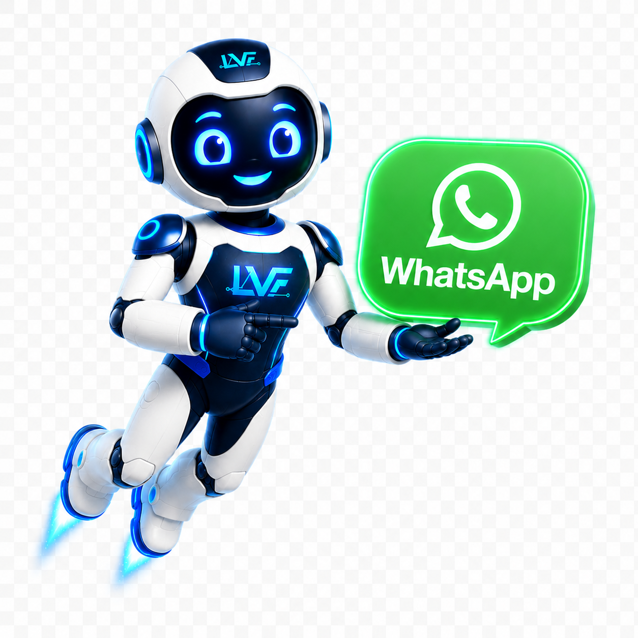 Mascota LVF volando con el icono de WhatsApp para contacto rápido